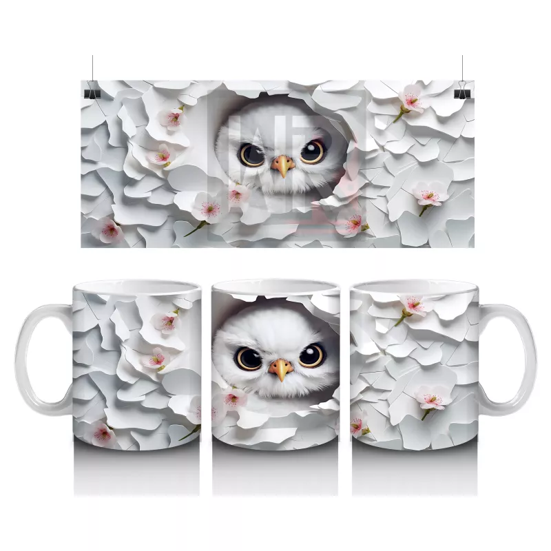 Beyaz Yapraklar Arasında Göz Alıcı Baykuş – Baskılı Kahve Kupası