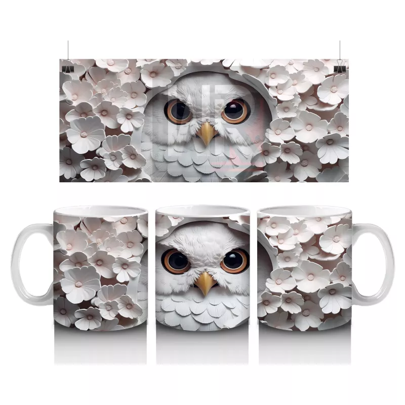 Beyaz Yapraklar Arasında Parlayan Baykuş – Baskılı Kahve Kupası