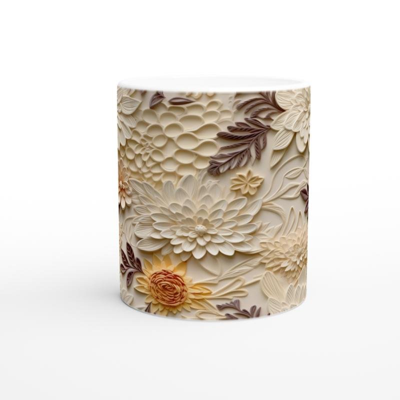 Bohem Bej Rölyef Çiçek Desenli Kupa Bardak - 2