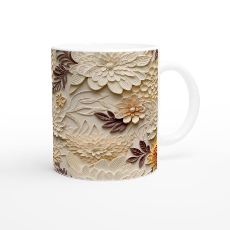Bohem Bej Rölyef Çiçek Desenli Kupa Bardak - 3