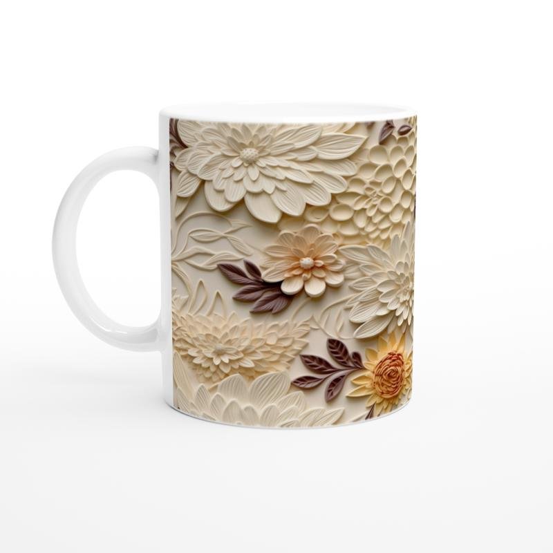 Bohem Bej Rölyef Çiçek Desenli Kupa Bardak