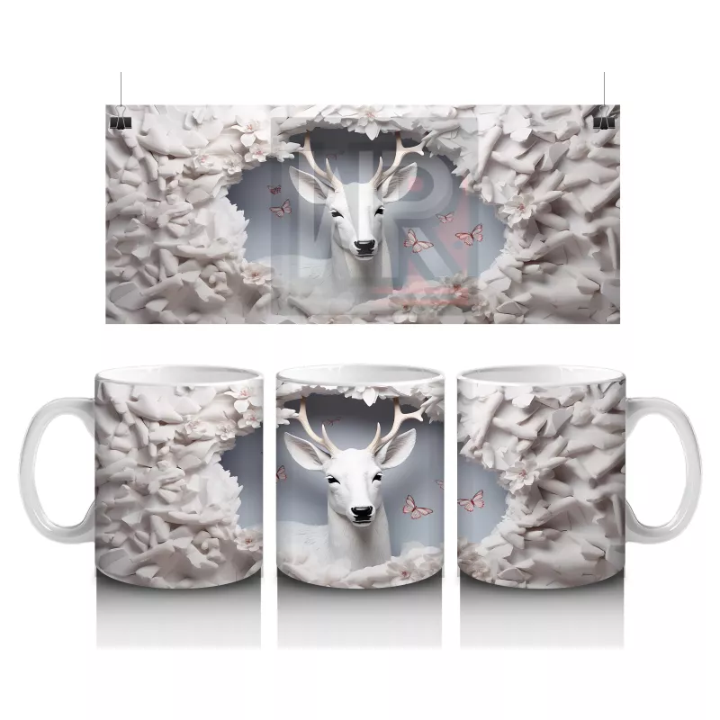 Boynuzlu Geyik ve Kar Temalı Arka Plan – Baskılı Kahve Kupası