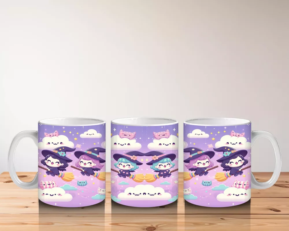 Bulutlar Üzerinde Uçan Şirin Hayaletler Temalı Cadılar Bayramı Baskılı Kupa - 5