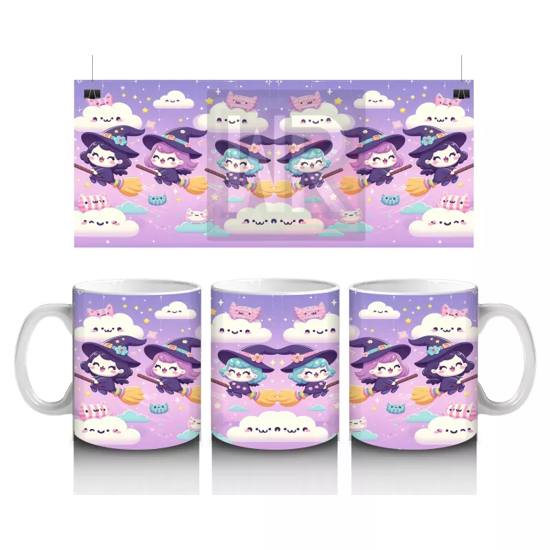 Bulutlar Üzerinde Uçan Şirin Hayaletler Temalı Cadılar Bayramı Baskılı Kupa