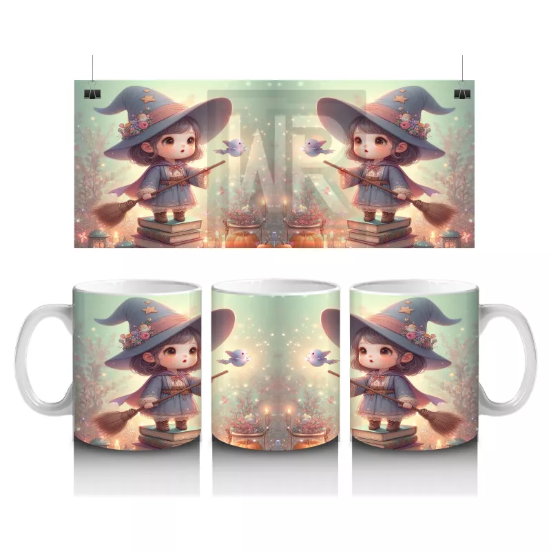 Büyü Kitabı Tutan Sevimli Cadı Kız Figürlü Çocuklara Özel Cadılar Bayramı Baskılı Kupa Bardak