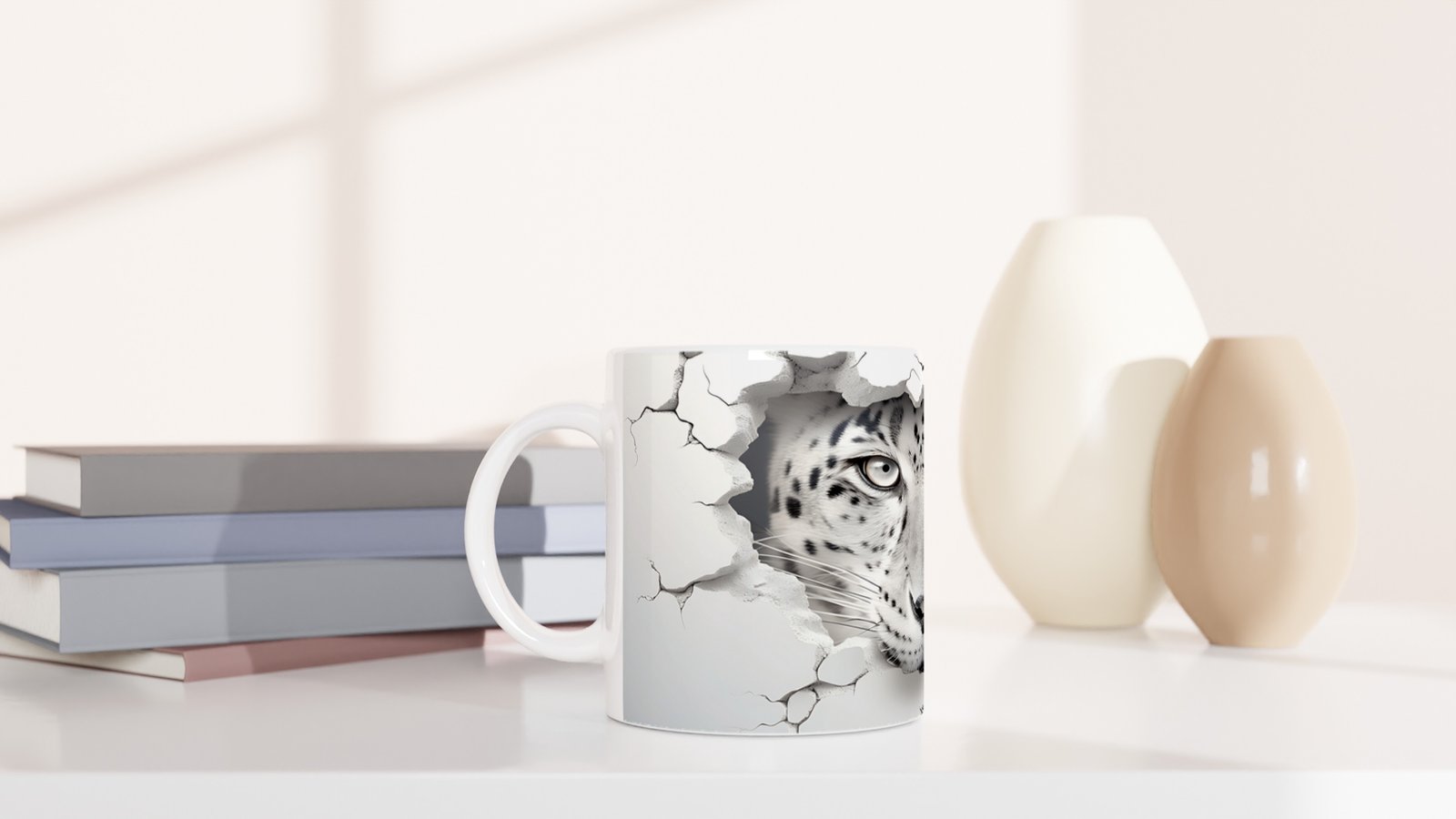 Buz Gibi Bakışlı Kar Leoparı Desenli Baskılı Kupa Bardak - 5