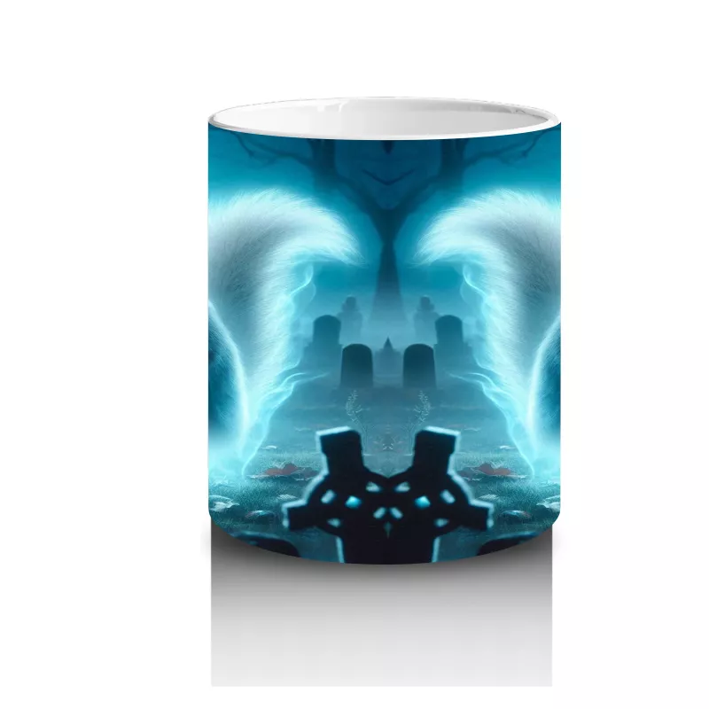 Buz Mavisi Alevler Arasında Dans Eden Hayalet Figürlü Cadılar Bayramı Baskılı Kupa Bardak - 3