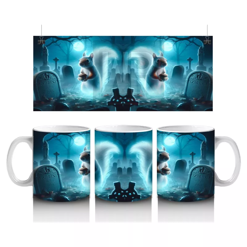 Buz Mavisi Alevler Arasında Dans Eden Hayalet Figürlü Cadılar Bayramı Baskılı Kupa Bardak