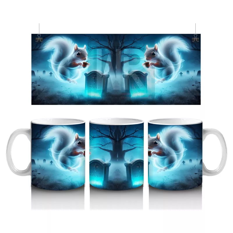 Buz Mavisi Alevlerle Yükselen Hayalet Figürlü Cadılar Bayramı Baskılı Kupa