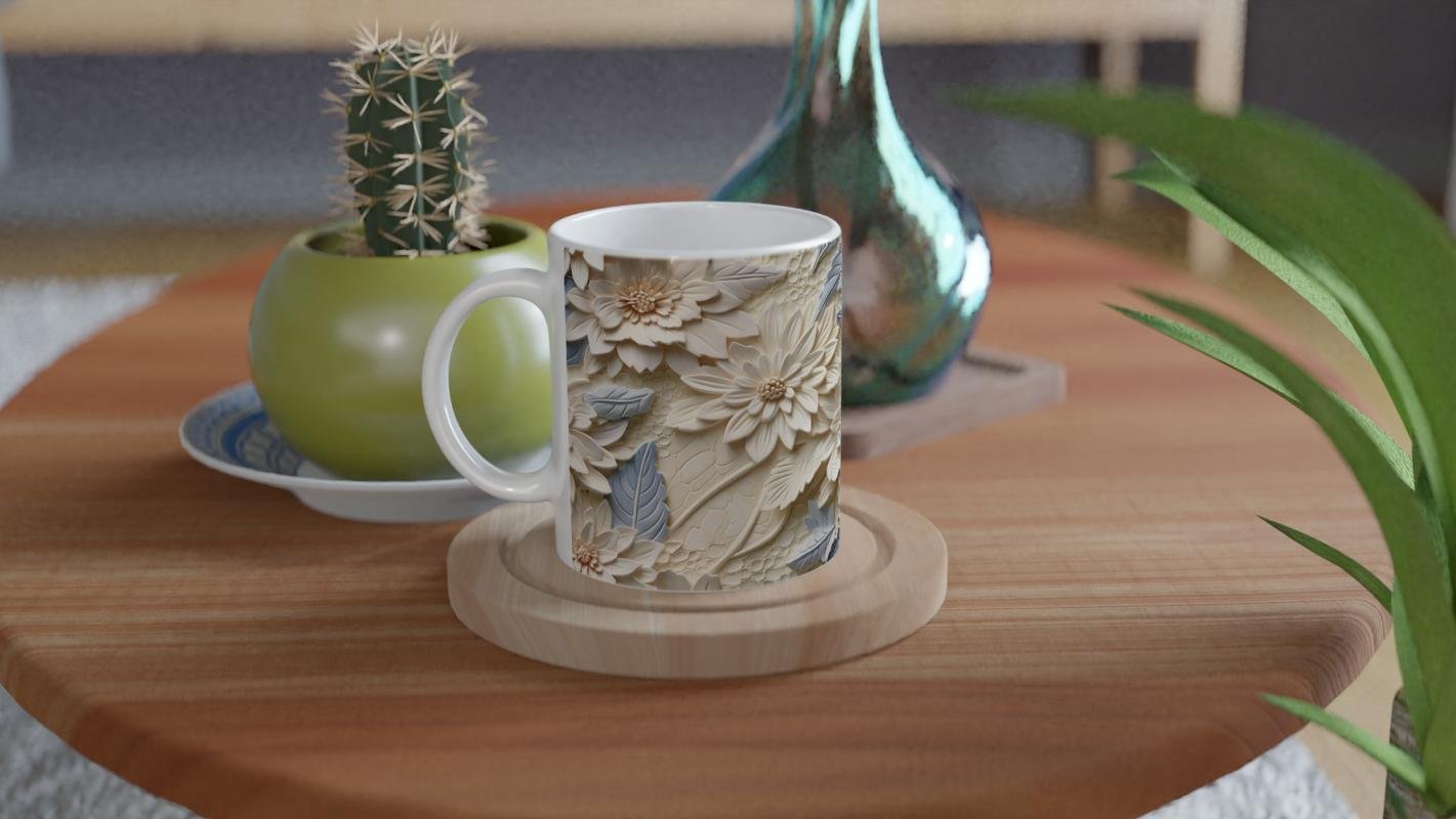 Buz Mavisi Çiçek Rölyefi Kupa Bardak - 4