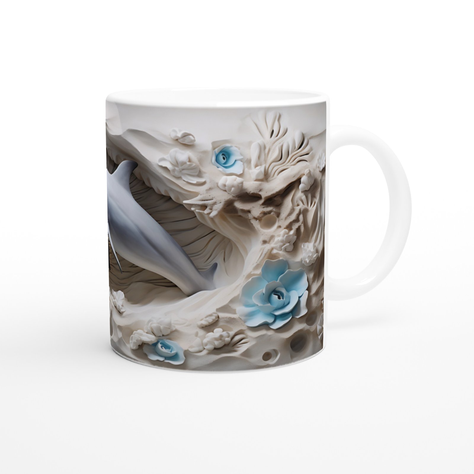 Buz Mavisi Çiçeklerle Yunus Desenli Su Altı Temalı Kupa Bardak - 3