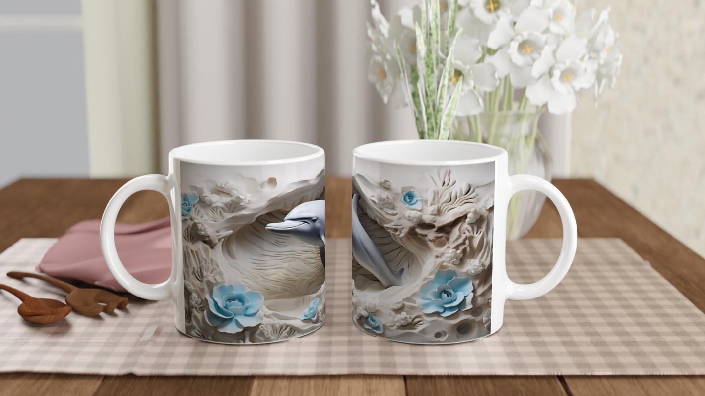 Buz Mavisi Çiçeklerle Yunus Desenli Su Altı Temalı Kupa Bardak - 5