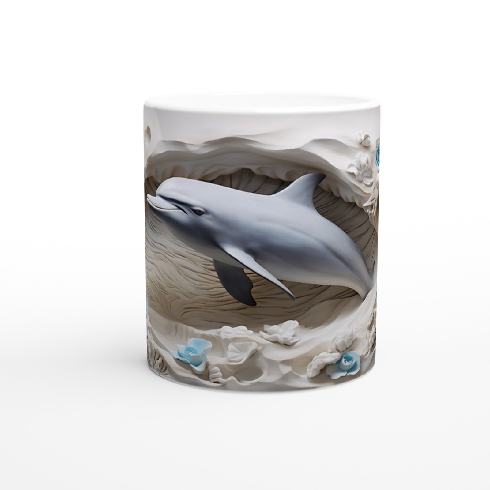 Buz Mavisi Çiçeklerle Yunus Desenli Su Altı Temalı Kupa Bardak