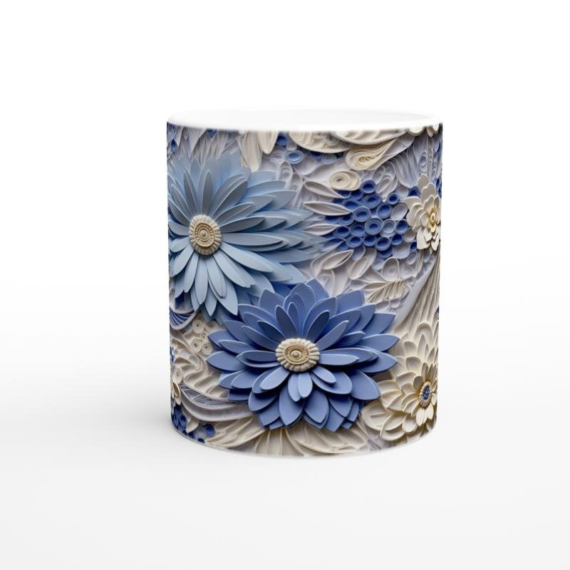 Buz Mavisi Rölyef Çiçek Desenli Kupa Bardak - 2