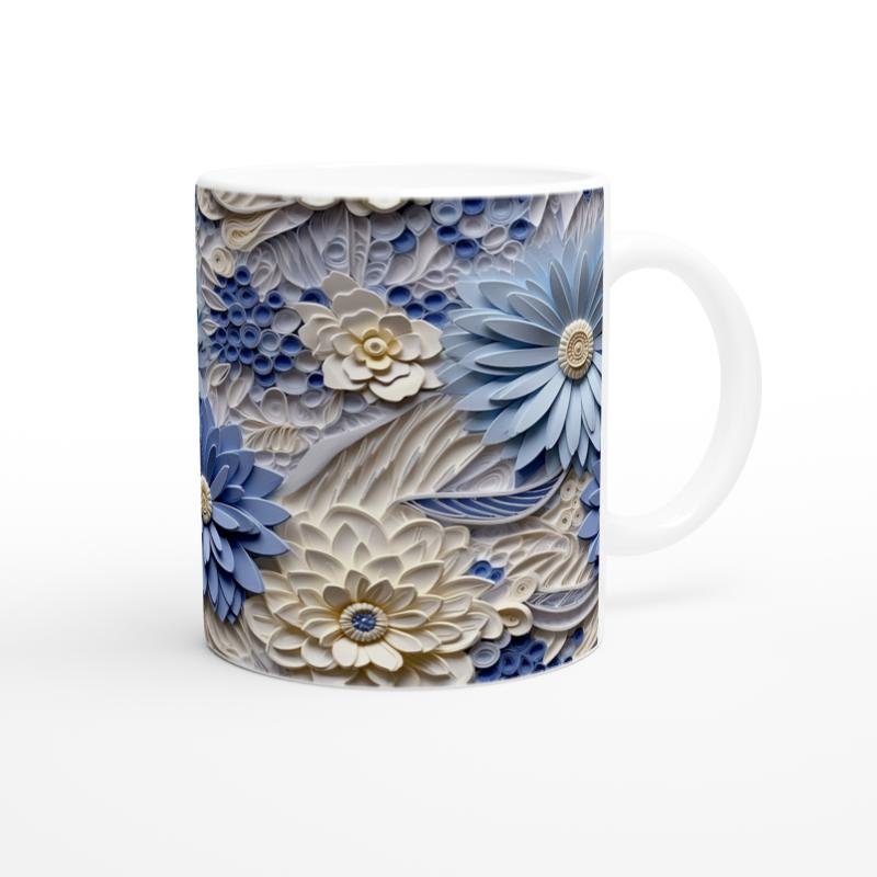 Buz Mavisi Rölyef Çiçek Desenli Kupa Bardak - 3