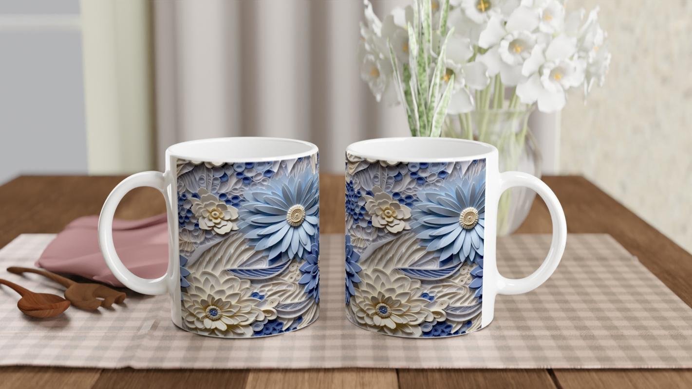 Buz Mavisi Rölyef Çiçek Desenli Kupa Bardak - 5