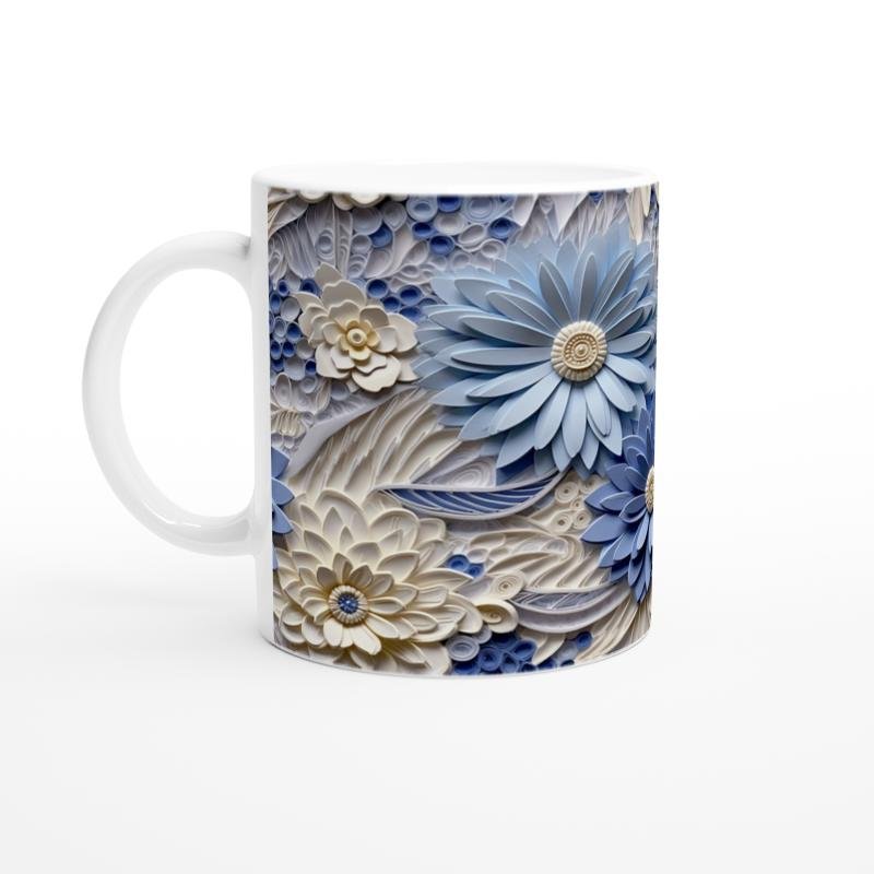 Buz Mavisi Rölyef Çiçek Desenli Kupa Bardak