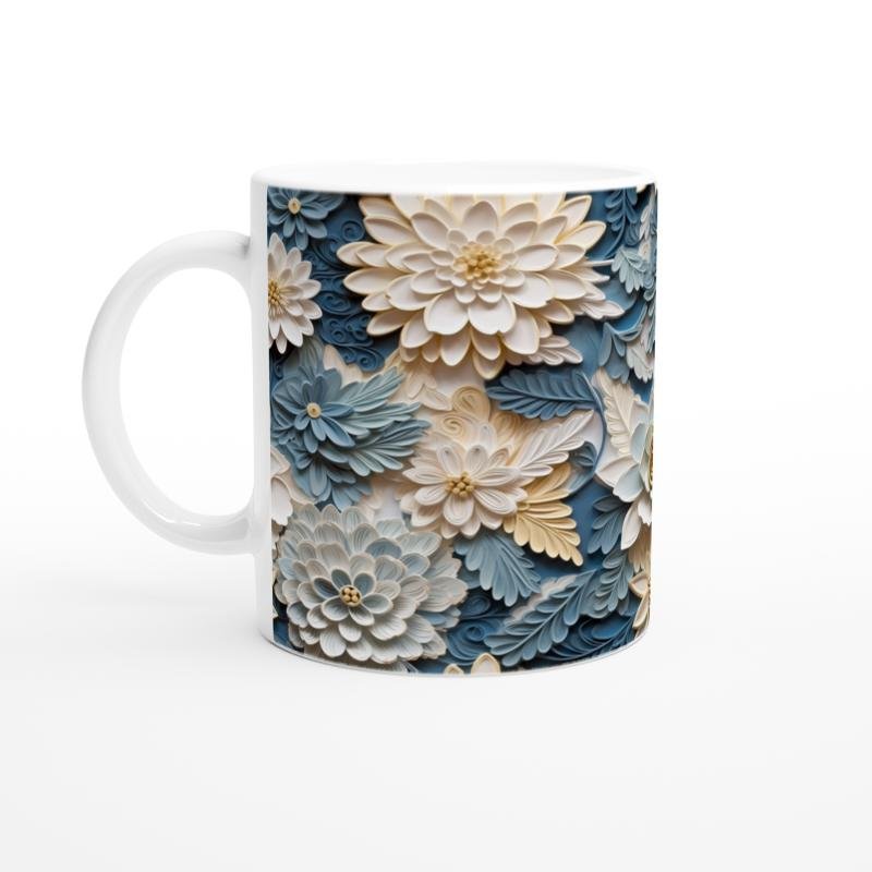 Buz Mavisi ve Krem Rölyef Çiçeklerle Kupa Bardak