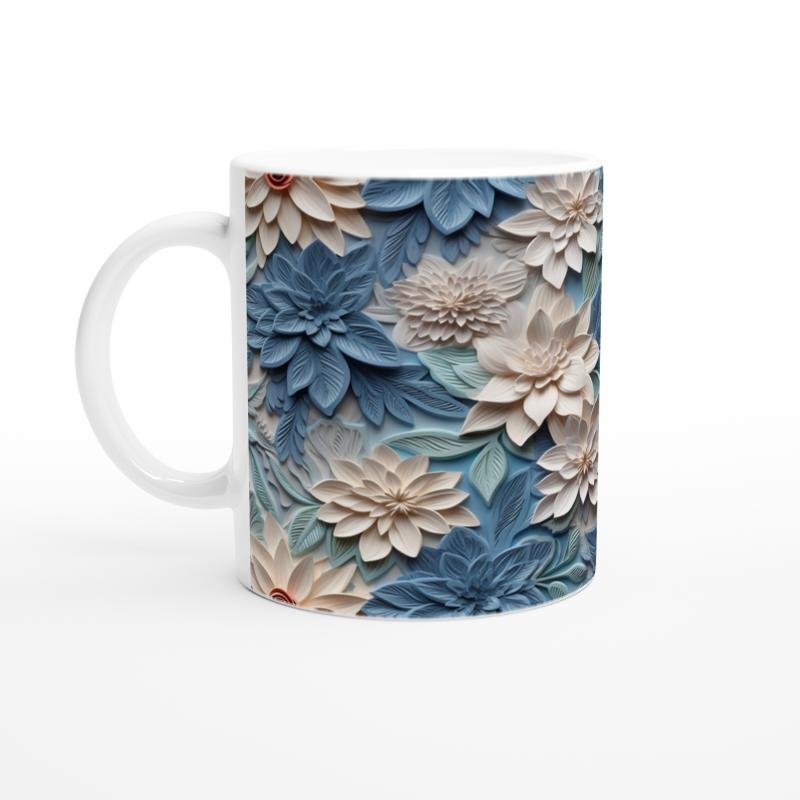 Buz Mavisi Yaprak ve Krem Çiçek Desenli Kupa Bardak