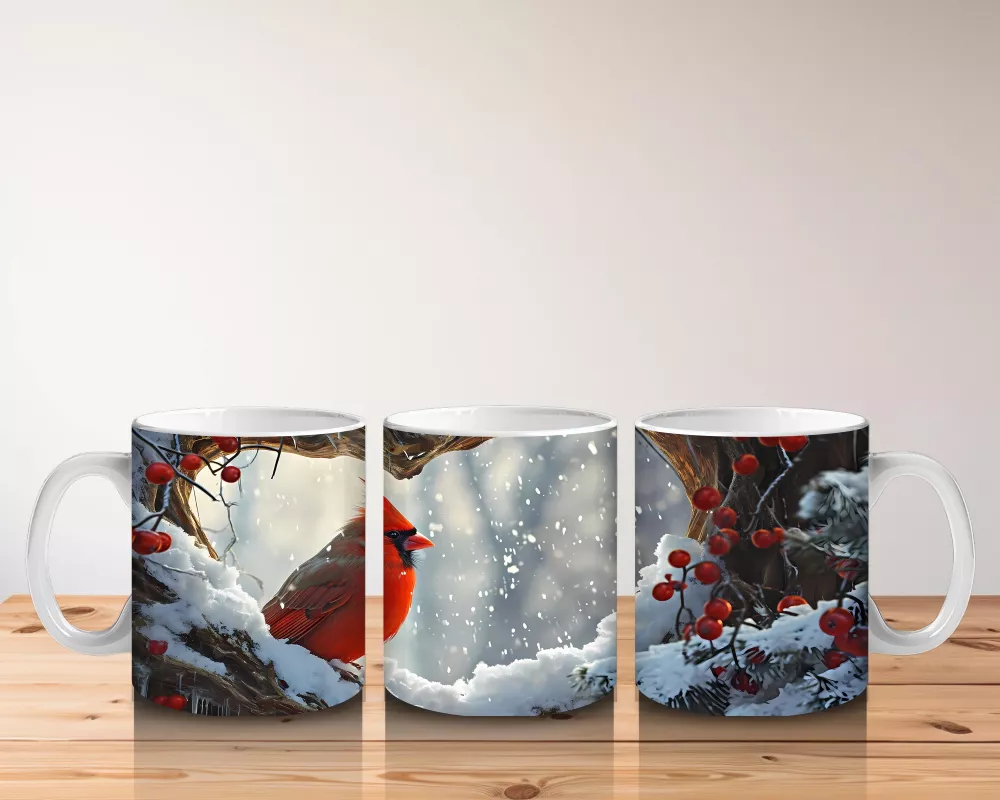 Buzlu Dallarda Kardinal Kuşu – Baskılı Kahve Kupası - 5