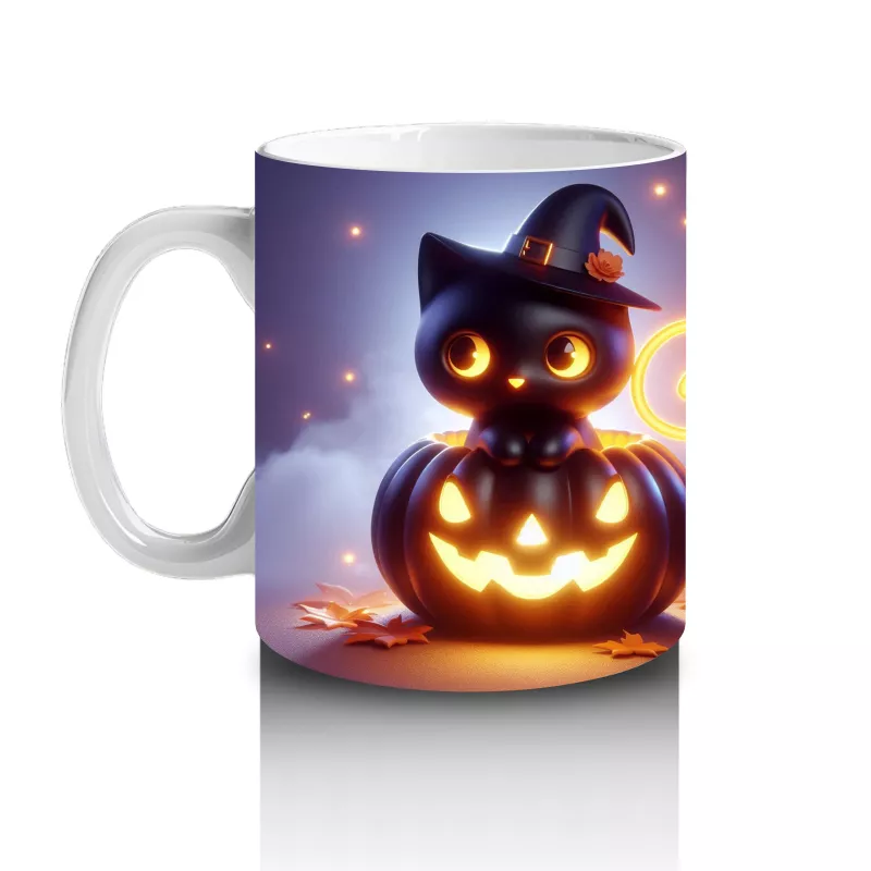 Cadılar Bayramı Temalı Siyah Kedi ve Balkabağı Işıltılı Baskılı Kupa Bardak - 2