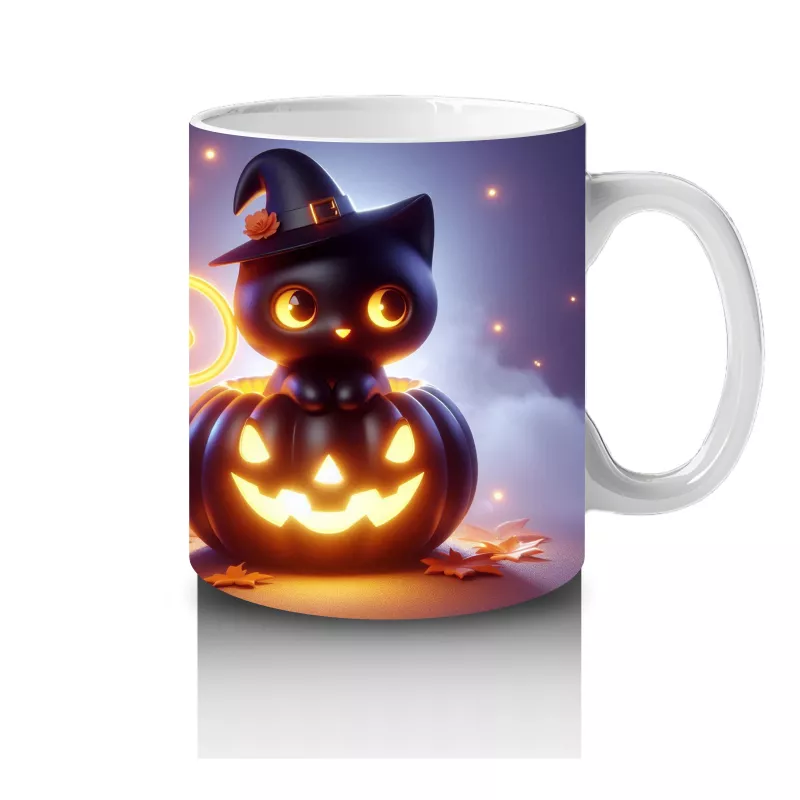 Cadılar Bayramı Temalı Siyah Kedi ve Balkabağı Işıltılı Baskılı Kupa Bardak - 4