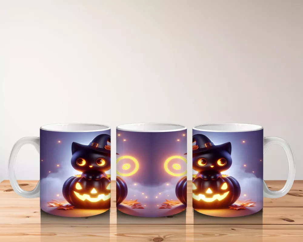 Cadılar Bayramı Temalı Siyah Kedi ve Balkabağı Işıltılı Baskılı Kupa Bardak - 5