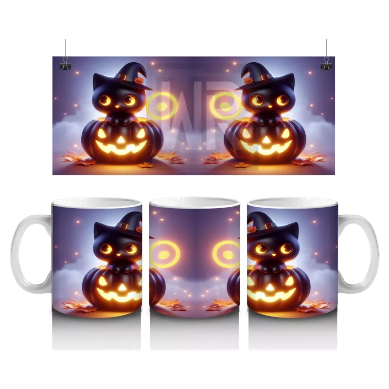 Cadılar Bayramı Temalı Siyah Kedi ve Balkabağı Işıltılı Baskılı Kupa Bardak