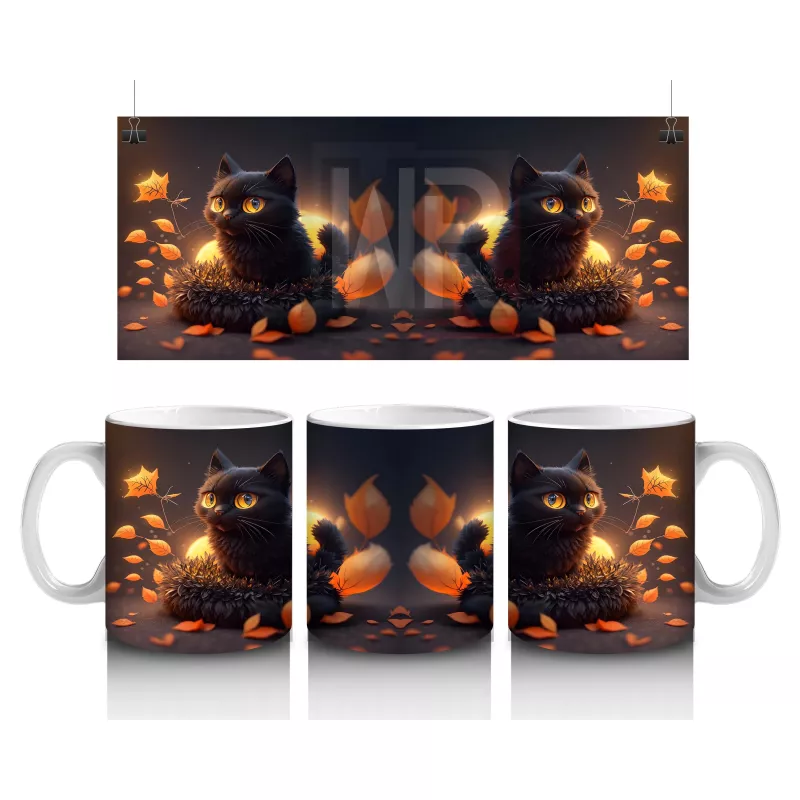 Cadılar Bayramı Temalı Siyah Kediler ve Balkabağı Işıkları – Baskılı Kupa