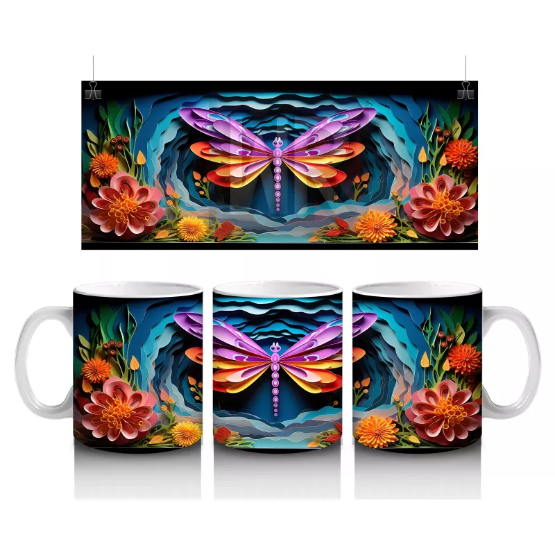 Canlı Çiçekler Arasında Renkli Kelebek – Baskılı Kahve Kupası