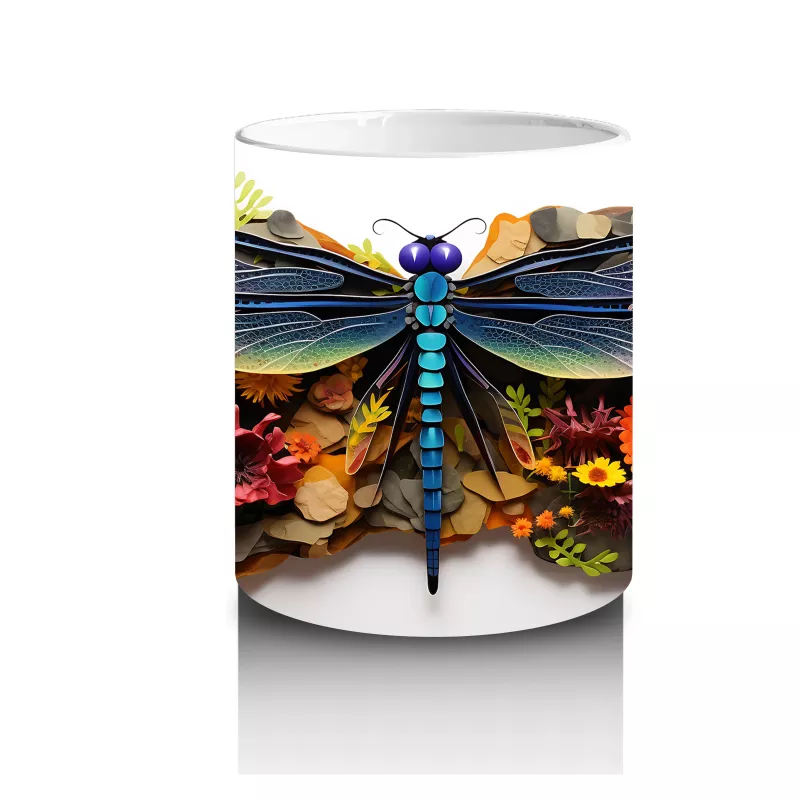 Canlı Çiçekler Üzerine Konmuş Mavi Yusufçuk Tasarımı - Baskılı kahve kupası - 3