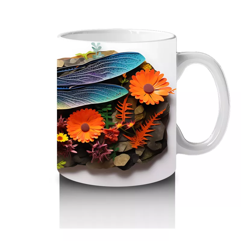 Canlı Çiçekler Üzerine Konmuş Mavi Yusufçuk Tasarımı - Baskılı kahve kupası - 4