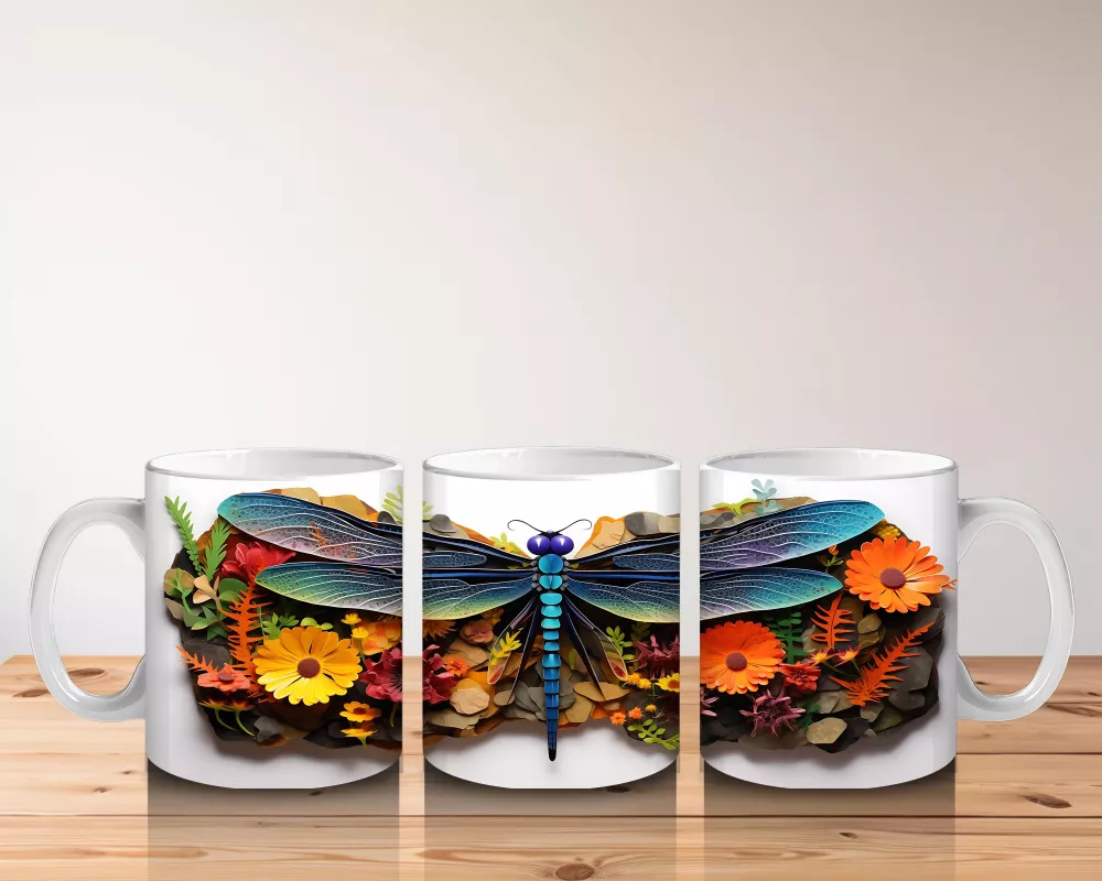 Canlı Çiçekler Üzerine Konmuş Mavi Yusufçuk Tasarımı - Baskılı kahve kupası - 5