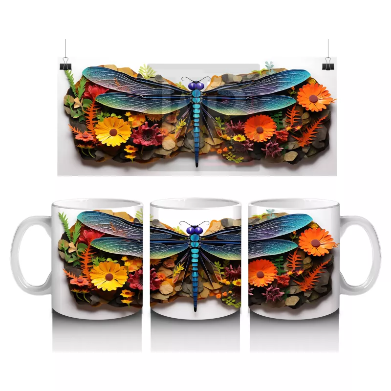 Canlı Çiçekler Üzerine Konmuş Mavi Yusufçuk Tasarımı - Baskılı kahve kupası