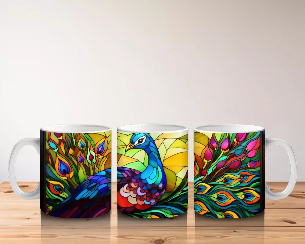 Canlı Renkli Tüyleriyle Mozaik Tavus Kuşu – Baskılı Kahve Kupası - 5