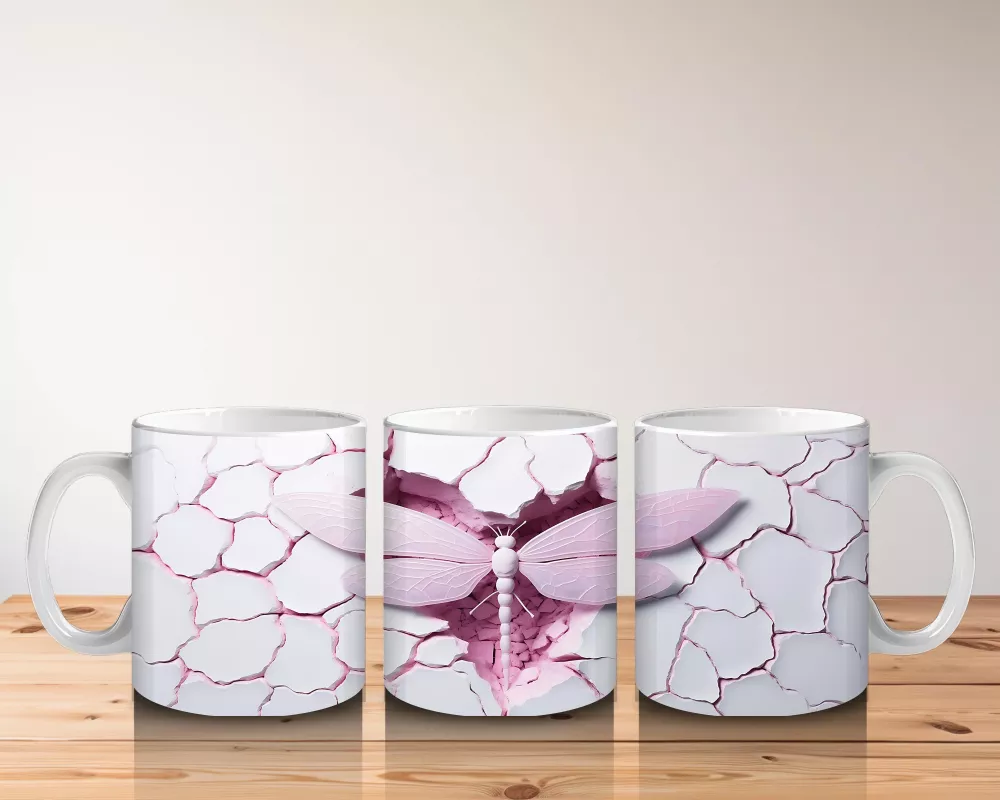 Çatlak Arka Planlı Pembe Kanatlı Kelebek – Baskılı Kupa - 5
