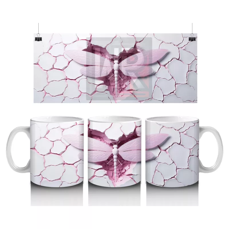 Çatlak Arka Planlı Pembe Kanatlı Kelebek – Baskılı Kupa
