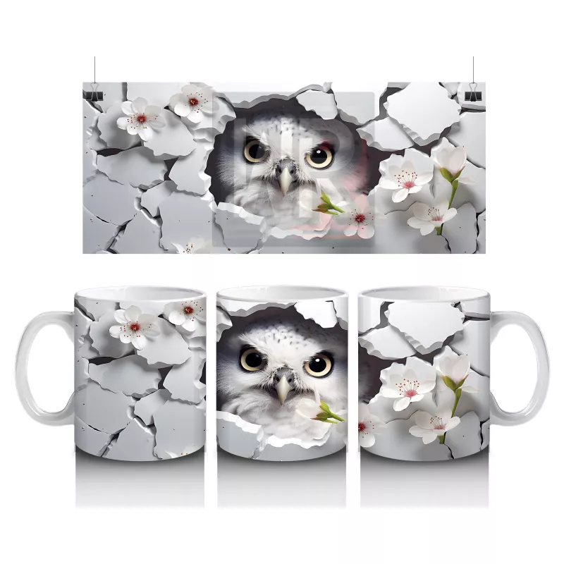 Çatlak Duvar Arasında Baykuş ve Çiçekler – Baskılı Kahve Kupası