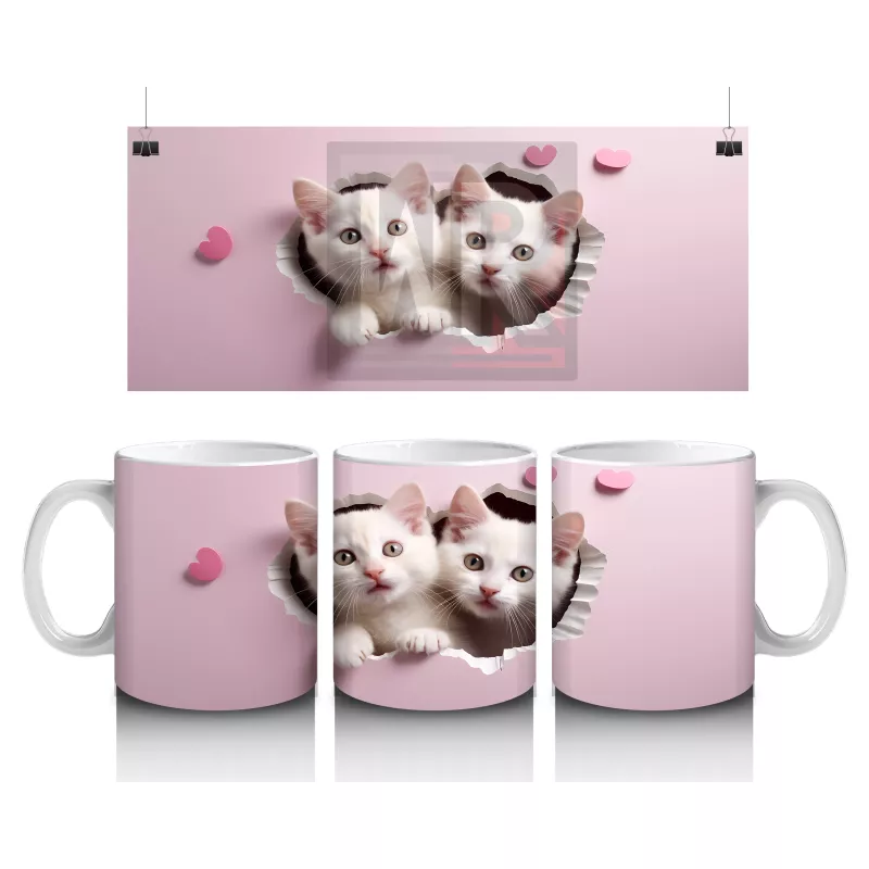 Çatlak Duvar Arasında Meraklı Beyaz Yavru Kediler - Baskılı kahve kupası