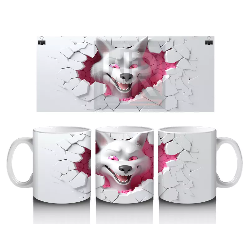 Çatlak Duvar Arasında Pembe Gözlü Kurt Figürü - Baskılı kahve kupası