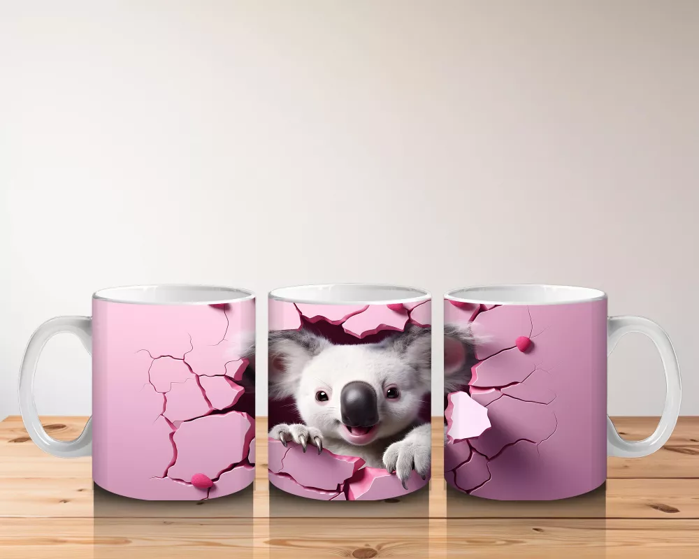 Çatlak Duvar Arasında Pembe Temalı Sevimli Koala - Baskılı kahve kupası - 5