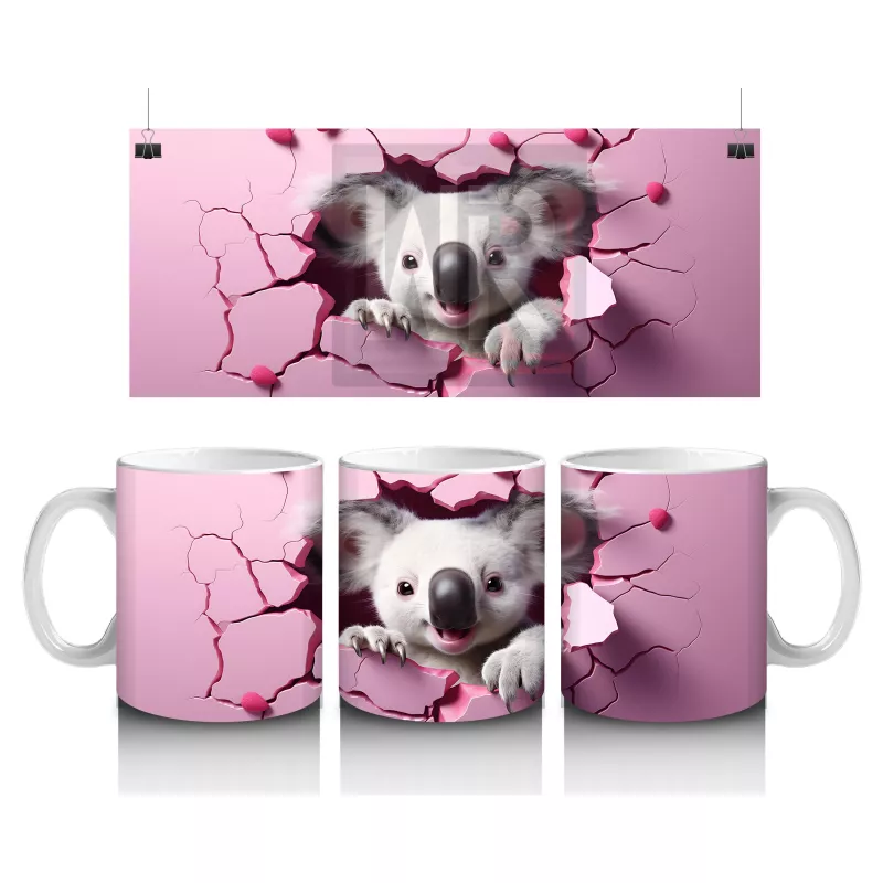 Çatlak Duvar Arasında Pembe Temalı Sevimli Koala - Baskılı kahve kupası
