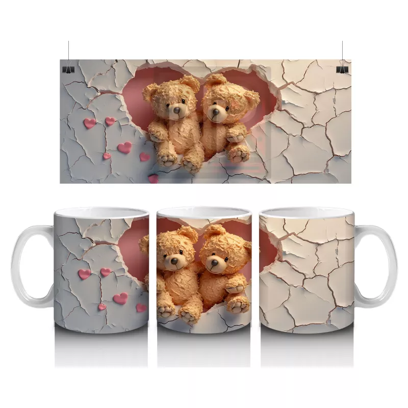 Çatlak Duvar Arasında Sarılmış İki Peluş Ayıcık - Baskılı kahve kupası