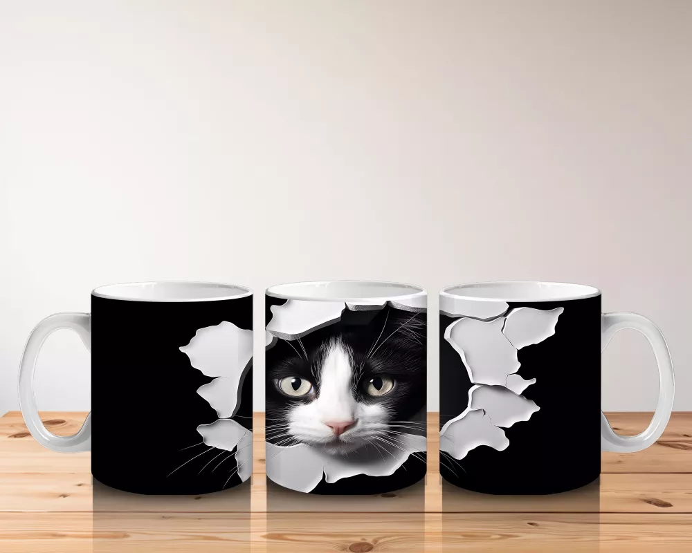 Çatlak Duvar Arasında Siyah Beyaz Kedi – Baskılı Kahve Kupası - 5