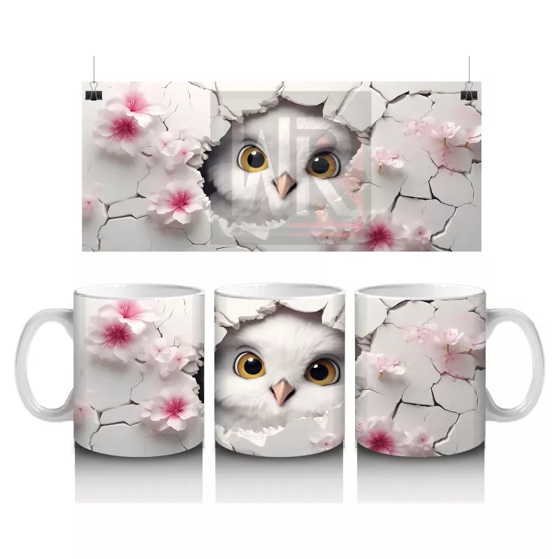 Çatlak Duvar Önünde Sarı Gözlü Baykuş – Baskılı Kahve Kupası