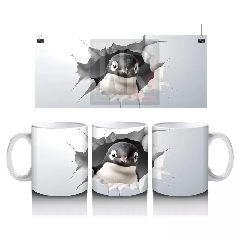 Çatlak Duvardan Bakan Meraklı Penguen – Baskılı Kahve Kupası