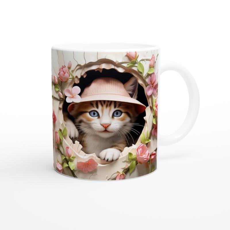 Çatlak Duvardan Bakan Şapkalı Kedi Temalı Baskılı Kupa Bardak - 2