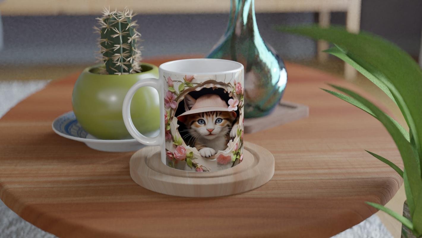 Çatlak Duvardan Bakan Şapkalı Kedi Temalı Baskılı Kupa Bardak - 4