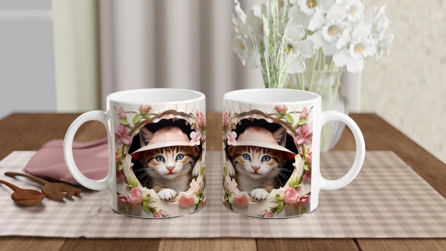 Çatlak Duvardan Bakan Şapkalı Kedi Temalı Baskılı Kupa Bardak - 5