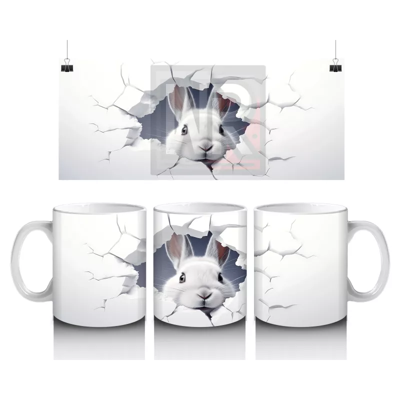 Çatlak Duvardan Bakan Sevimli Beyaz Tavşan – Baskılı Kahve Kupası